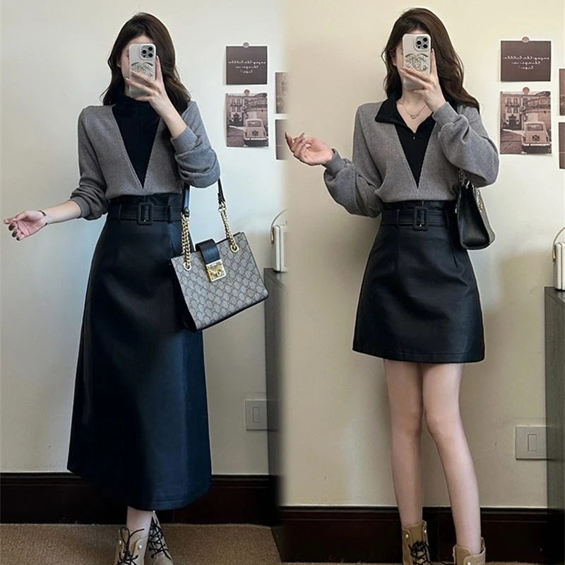 胖颖专属大码冬季新款黑灰腔调撞色叠穿针织衫+长短皮裙套装3126