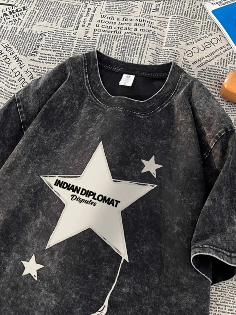 大码男装300斤五角星水洗做旧短袖t恤男夏季美式复古重磅半袖上衣