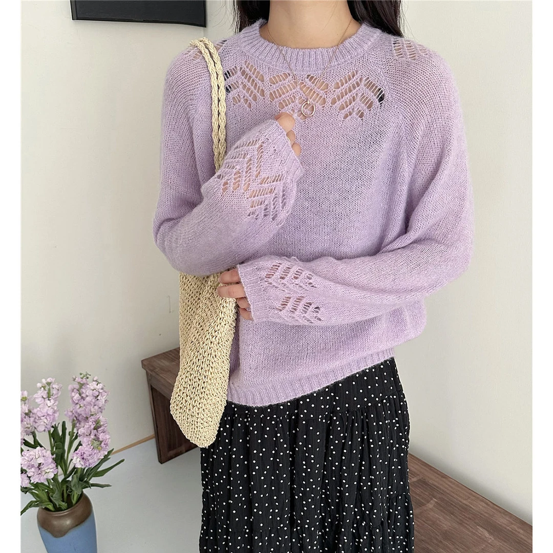 镂空毛衣新款针织衫2025圆领宽松长袖时尚慵懒上衣纯色钩花设计