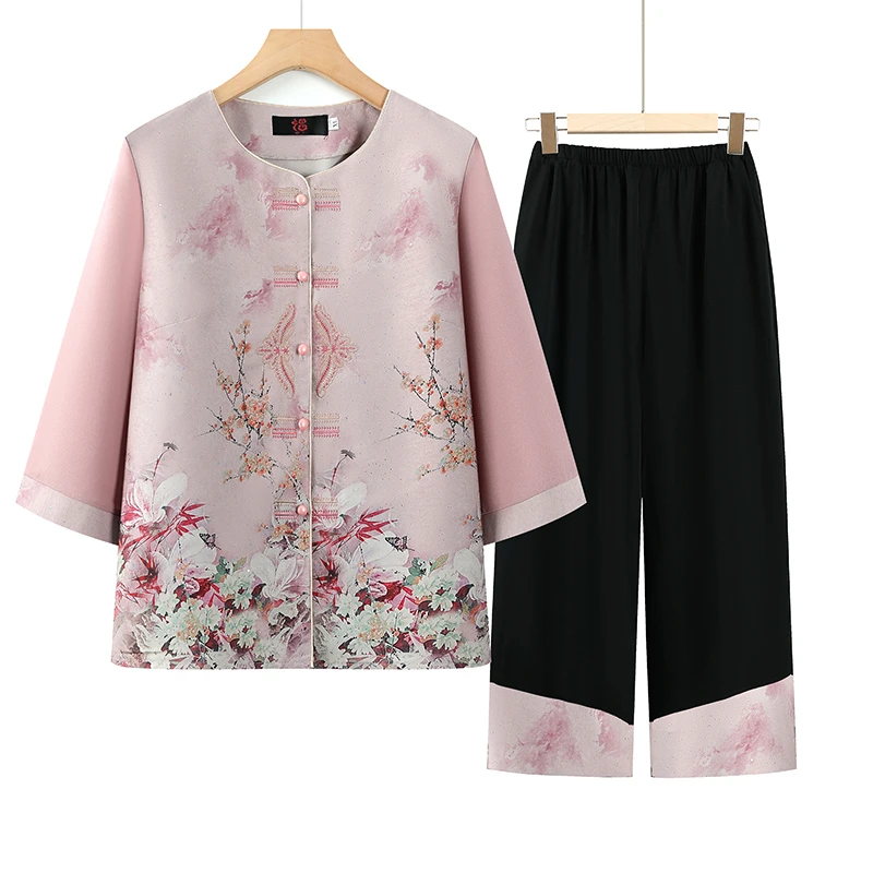 F388 妈妈装夏款中袖洋气套装中老年奶奶开衫气质宽松夏季套装