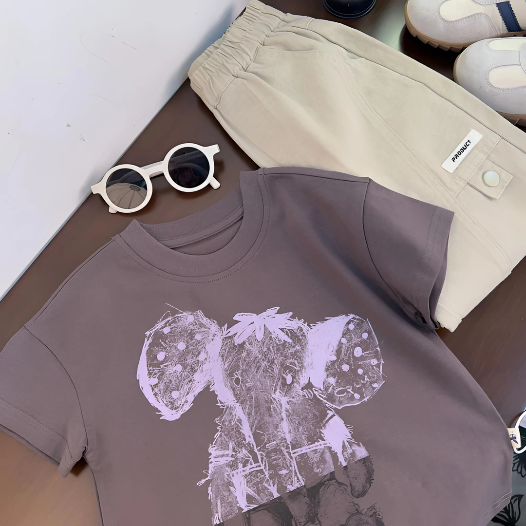 【新款紫色大象印花WD244】儿童夏季插肩袖韩版T恤时尚印花短袖上衣