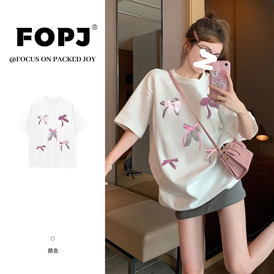 FOPJ美式夏季潮流宽松短袖T恤女夏季蝴蝶结印花休闲百搭ins风上衣
