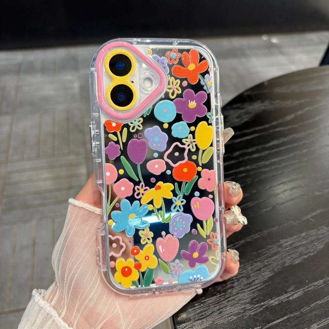 苹果/华为/oppo/vivo/小米涂鸦花朵适用iPhone16镜面奶油手机壳