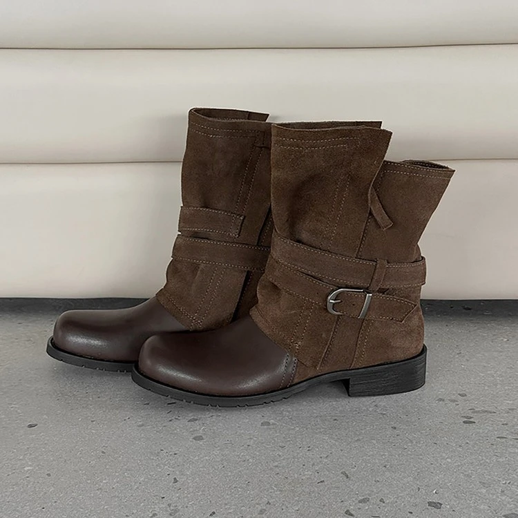 韩版复古棕色皮带扣机车短靴女2025新款圆头粗跟西部牛仔中筒靴