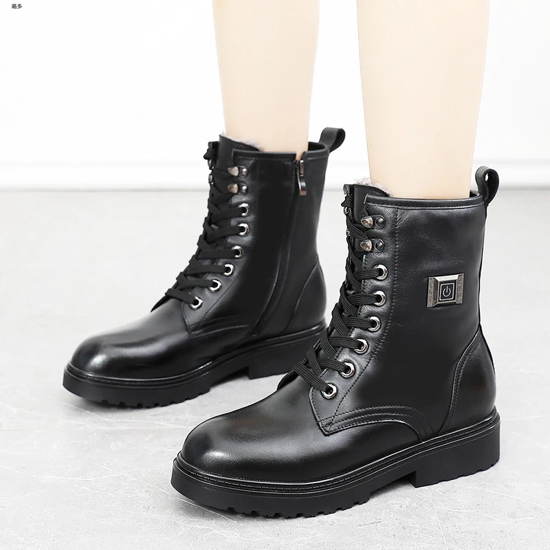 冬季加热鞋女户外充电发热鞋真皮电暖皮鞋加绒电热鞋B008