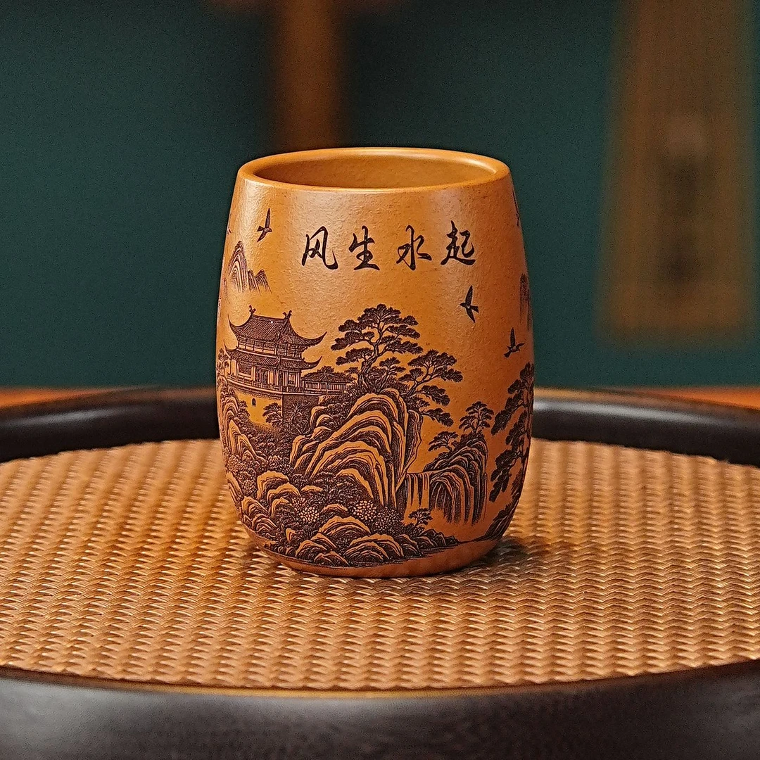 宜兴全手工紫砂茶具  原矿朱泥泥料刻绘风生水起主人杯品茗杯