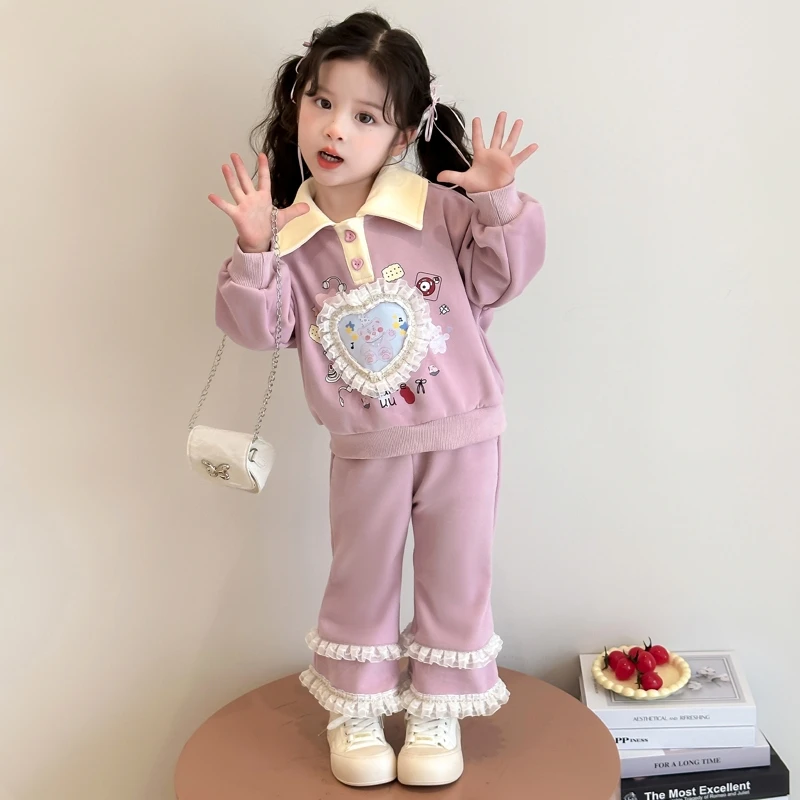女小童爱心花边套装春秋款女宝宝翻领卫衣春装小女孩休闲两件套潮