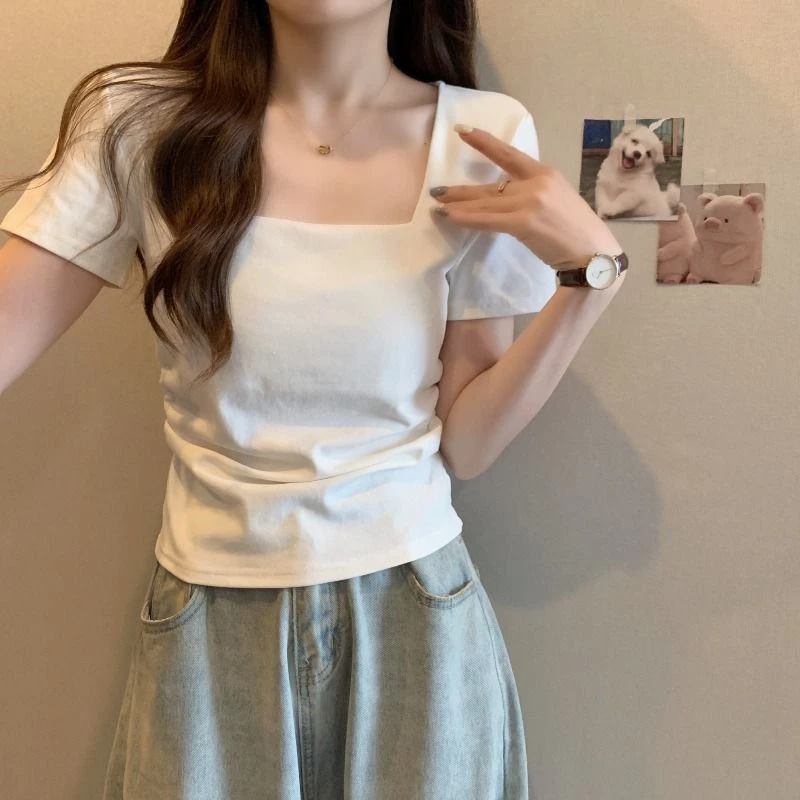 新款夏季短袖修身T恤女胖mm显瘦锁骨辣妹正肩方领上衣大码潮流