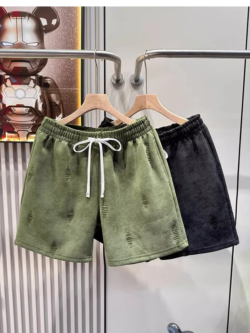 夏季重工水洗扎染做旧破洞短裤棉感抗皱高品质男轻奢四分沙滩裤子