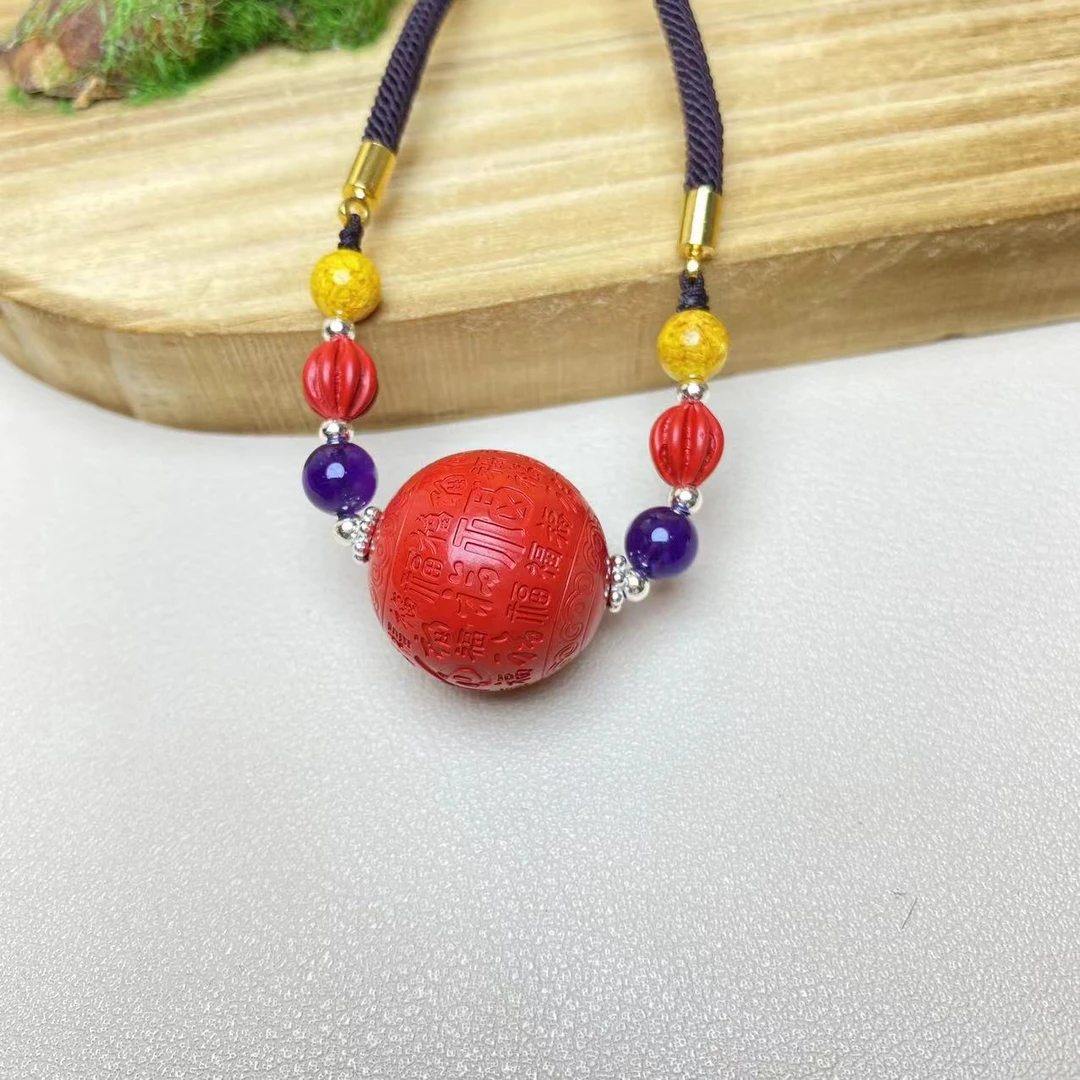 含辰砂工艺品高含量朱砂红砂设计款百福锁骨吊坠正品保真朱砂脖挂