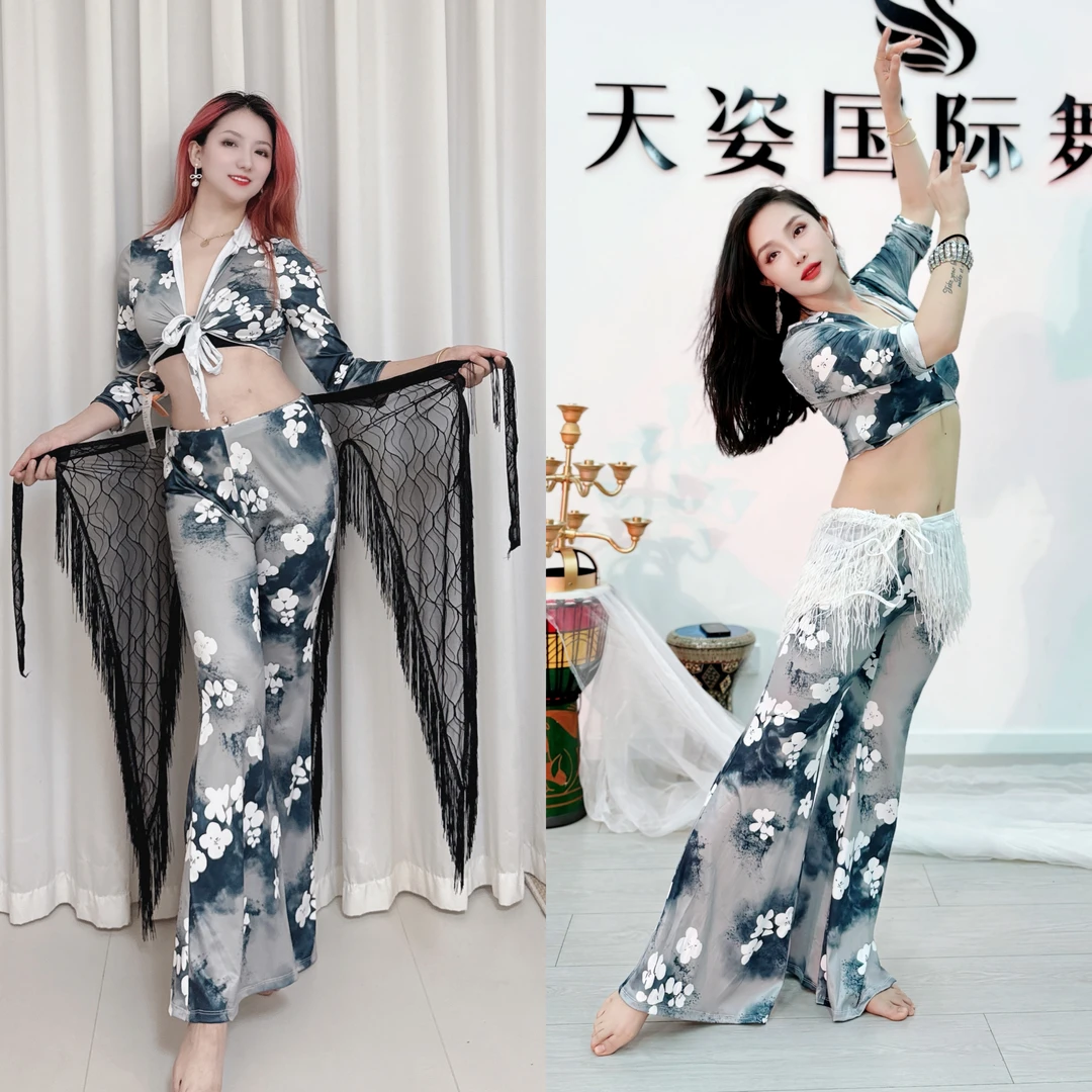 SWEGAL肚皮舞练功服水墨灰蓝小白花裤装东方舞服装舞蹈服练习初学