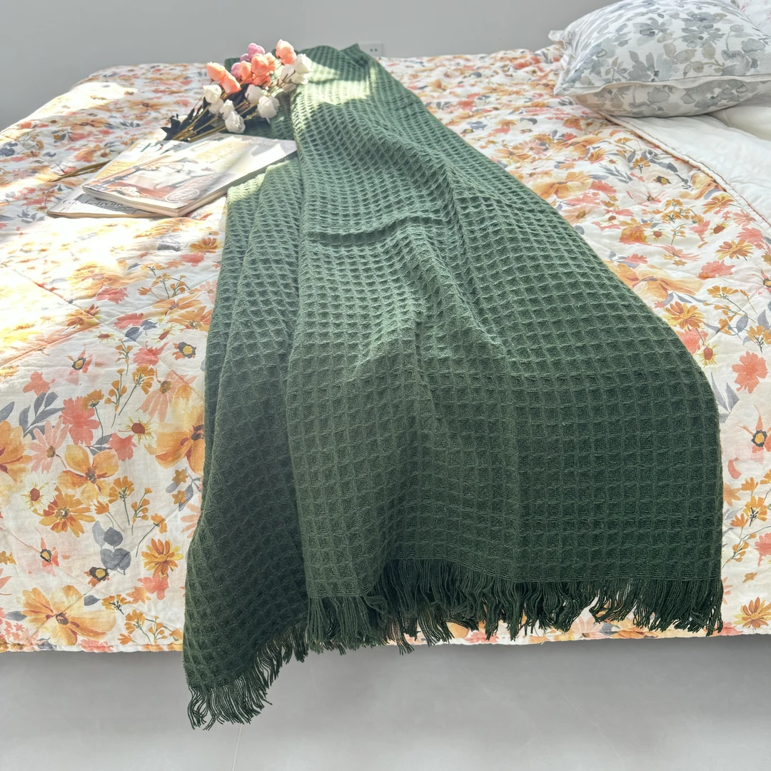【绿茵】羊毛华夫格提花毯午睡盖毯沙发盖毯