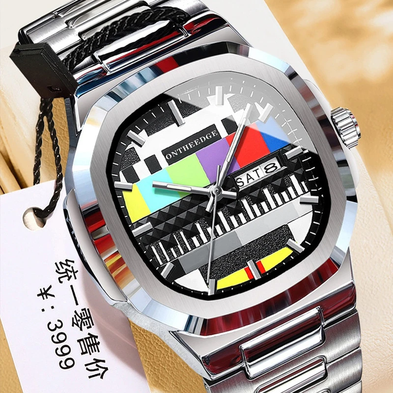 TV复古彩色电视机造型男士防水夜光石英个性手表小众男士钢带腕表