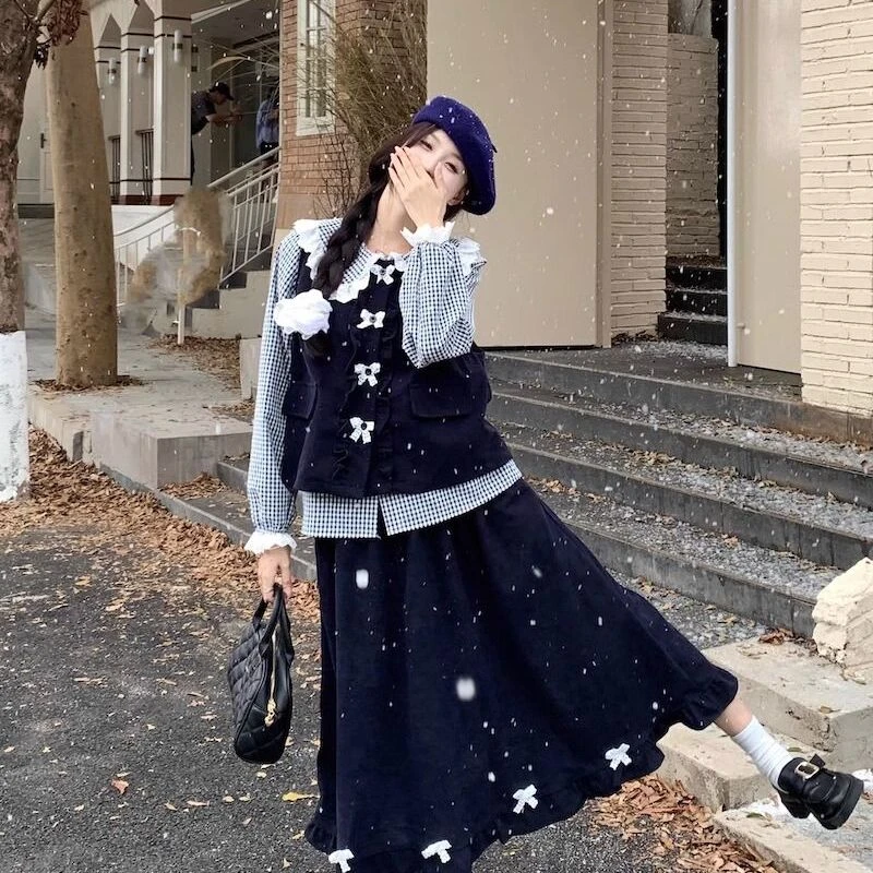 日系甜美娃娃领格子衬衫木耳边马甲半身裙2025春秋新款时尚套装女