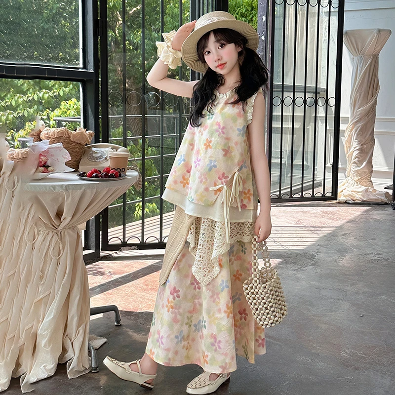 海边度假风女童套装套裙夏装甜美可爱风碎花无袖上衣半身裙两件套