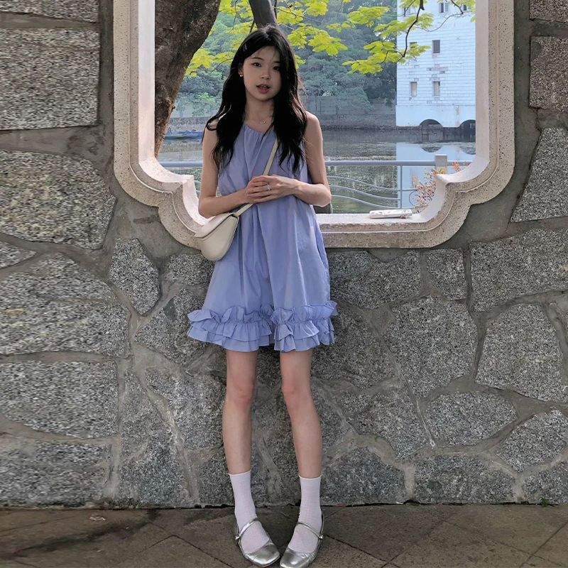 甜美少女蓝色无袖背心连衣裙女夏季2025新款减龄压褶花边A字短裙
