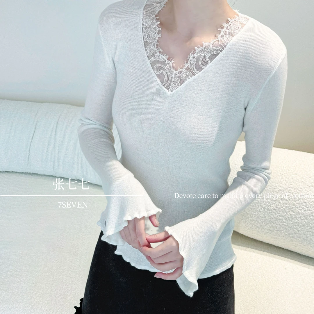 【7SEVEN】羊绒羊毛V领蕾丝拼接喇叭袖针织衫通勤修身显瘦打底上衣