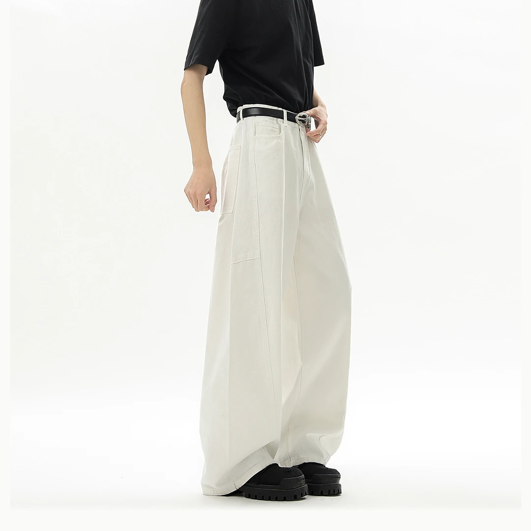 V37白色美式牛仔裤男款夏季新款宽松直筒显瘦青少年潮牌阔腿裤子