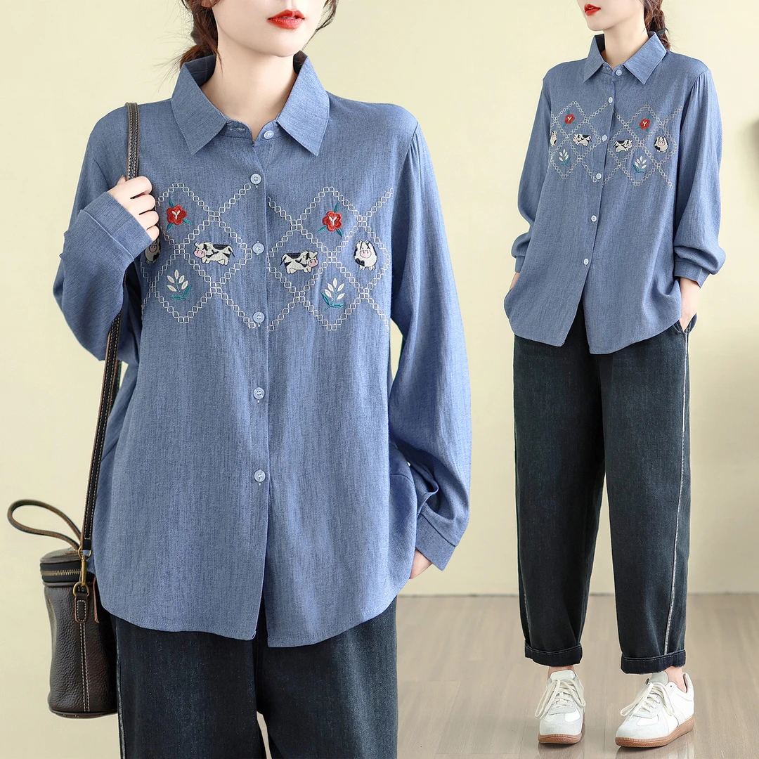 胖MM大码女装刺绣牛仔衬衫秋冬新款日系复古百搭宽松高级长袖衬衣