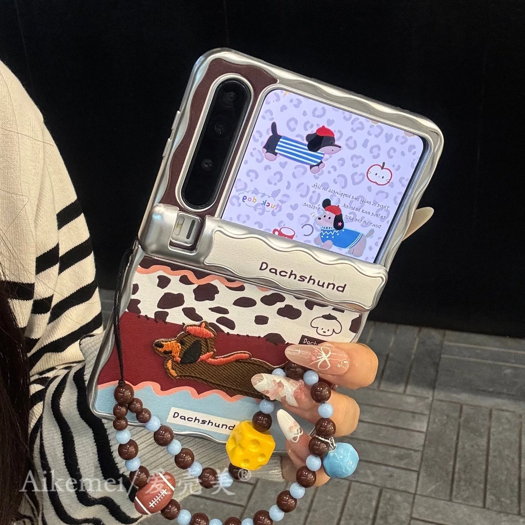 适用华为purax折叠屏手机壳红棕皮质PuraX豹纹拼接刺绣腊肠狗链条