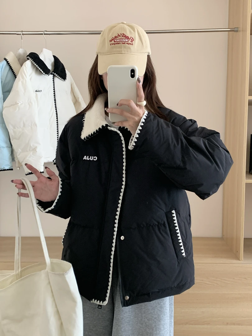 2025年冬季新款韩系小个子翻领贝壳绣女短款加厚夹棉外套短款棉服