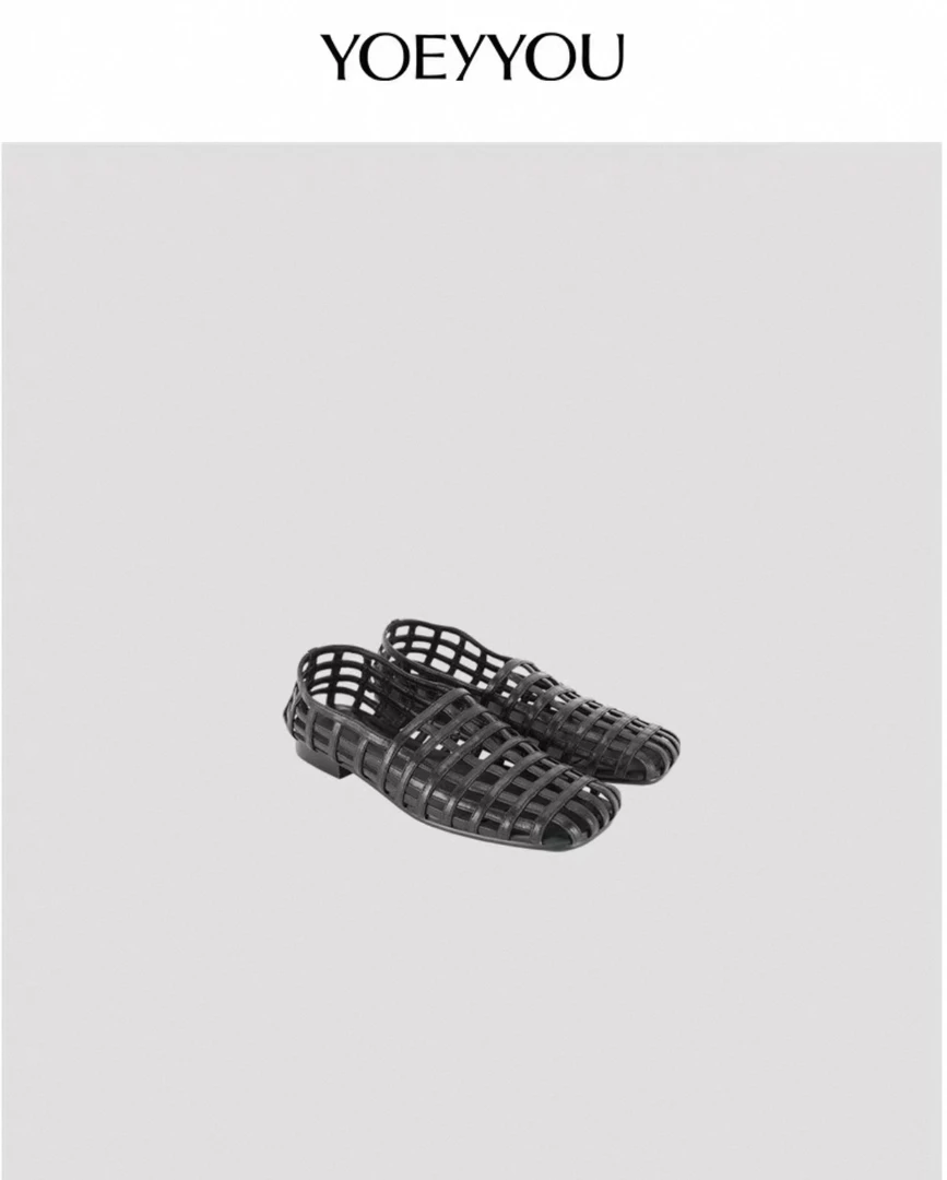 YOEYYOU皮革凉鞋女25春季新品设计师品牌时尚轻薄透气黑色网格鞋