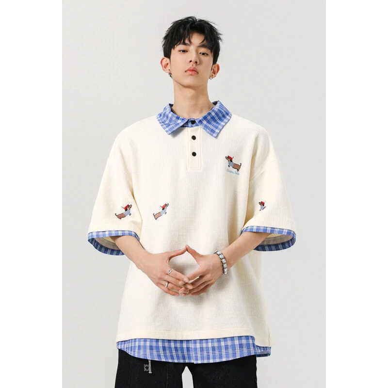 小狗刺绣t恤男士夏季假两件拼接polo衫短袖宽松大码设计感半截袖