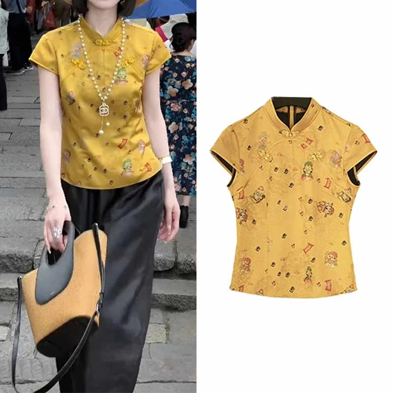 【福禄小财神】朝朝财气印花衬衫2025夏新款千金贵气名媛风女装