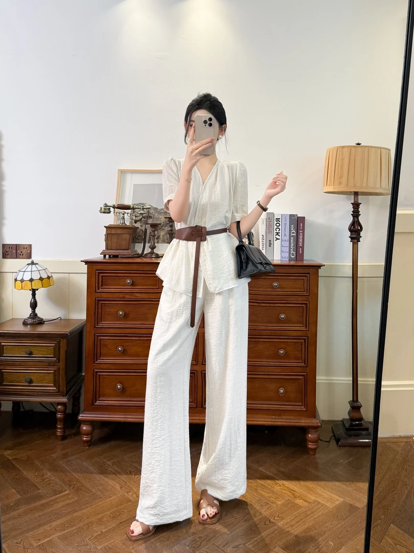 2025夏季新品亚麻极简法式高级感V领上衣+垂感阔腿裤两件套壹
