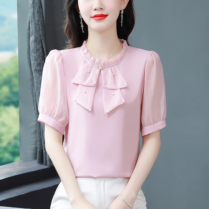 夏季新款纯色气质减龄雪纺衫女遮肚子短袖上衣