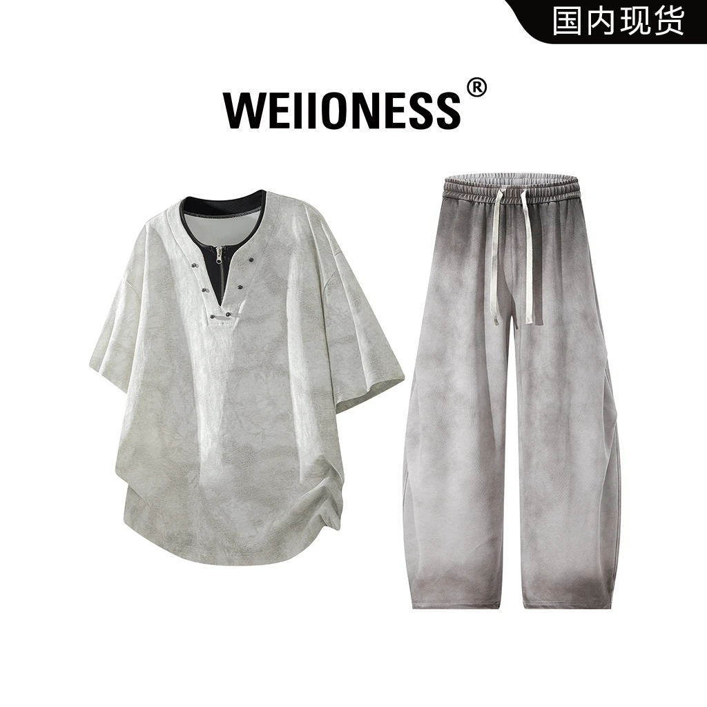 WEIIONESS潮牌扎染短袖套装男款2025夏季宽松两件套轻奢痞帅男装