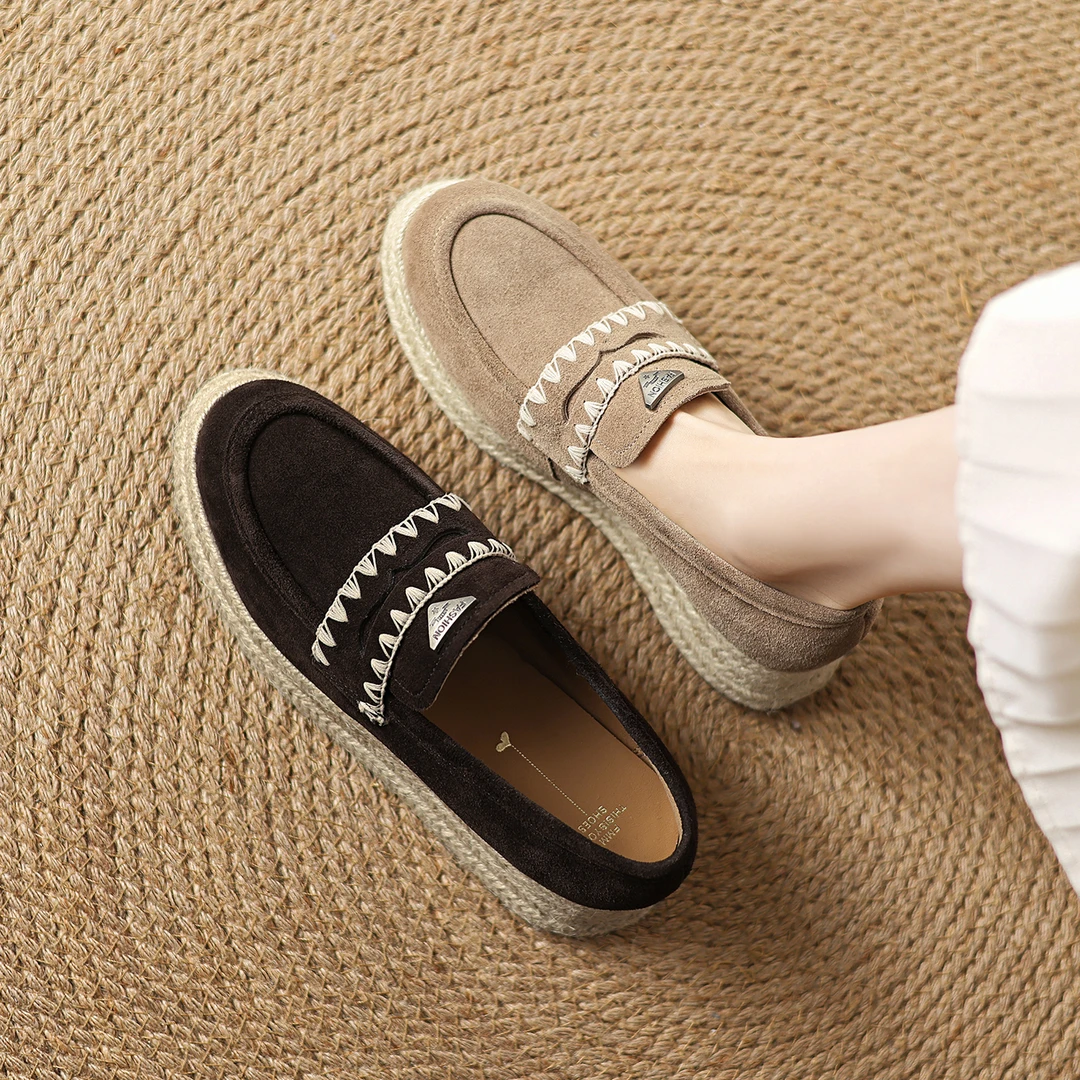 诗宝斐尔 坡跟4.5复古草编厚底休闲单鞋子女磨砂真皮一脚蹬乐福鞋