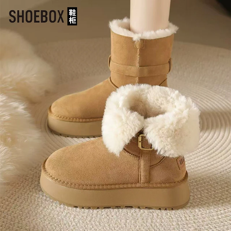 达芙妮旗下厚底两穿雪地靴女新款皮毛一体冬季加绒保暖东北棉鞋