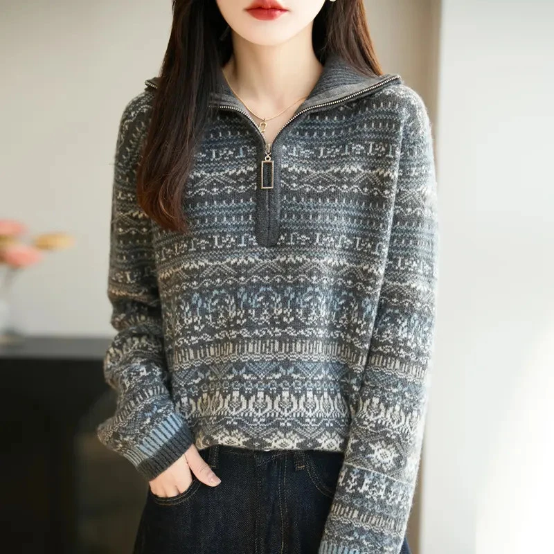 2025厚款羊毛浣熊绒女立领秋冬花色衫秋冬毛衣时尚半拉链长袖