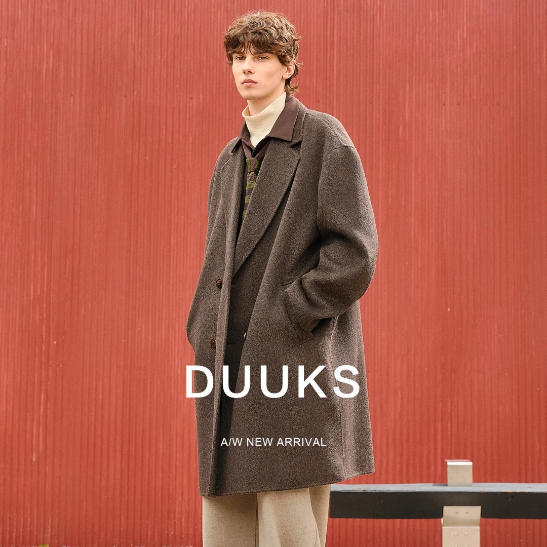 DUUKS假两件100%羊毛呢子大衣男士中长款秋冬季绒韩版双面呢外套