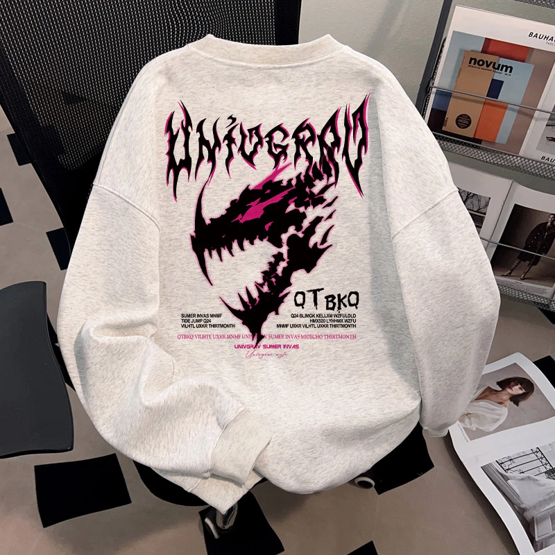 秋冬男童痞帅潮牌恶龙印花圆领卫衣宽松运动风中大童加绒加厚上衣