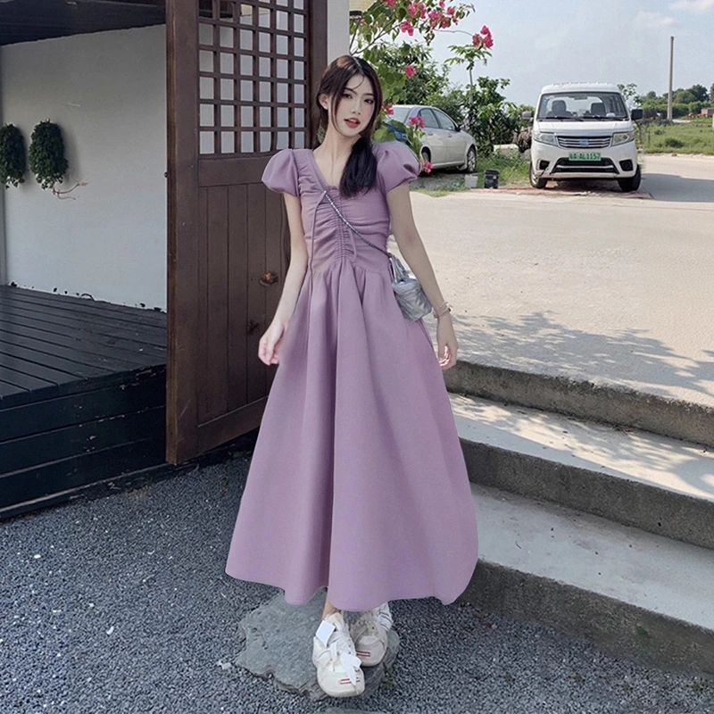 A法式初恋甜美泡泡袖连衣裙子夏季小众设计感收腰显瘦长裙子D0879