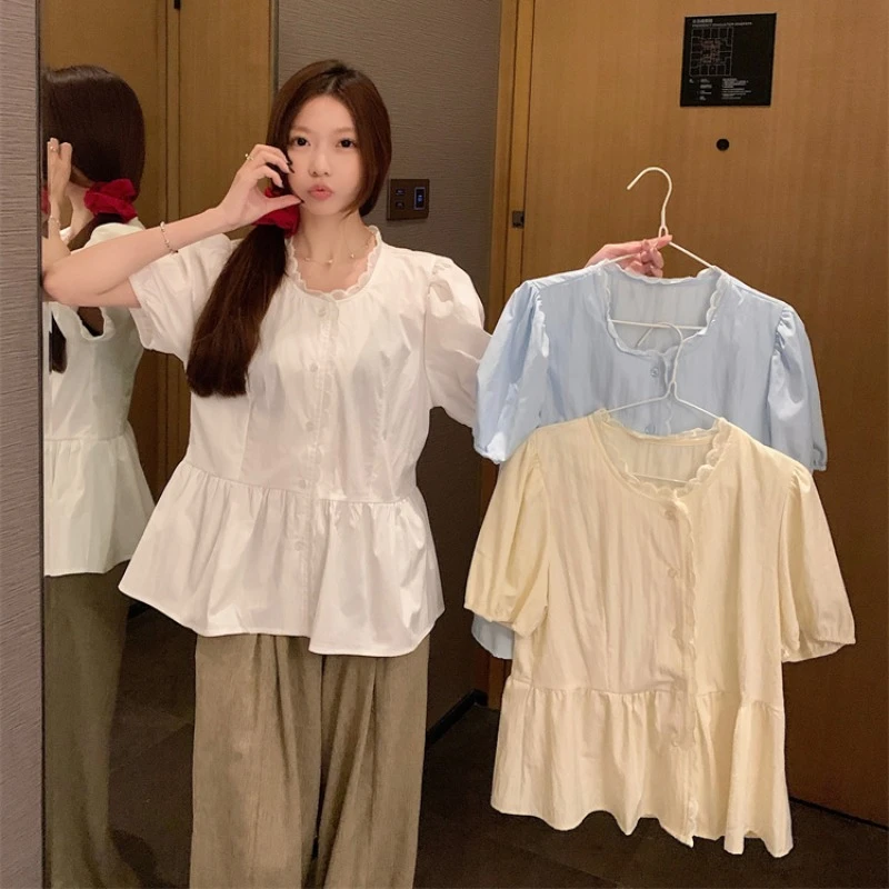 【运补6米】小清新文艺短袖衬衫女夏设计感甜美泡泡袖遮肚显瘦上衣