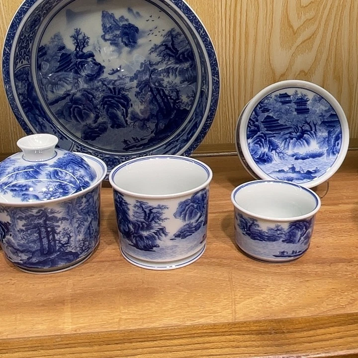 用***1青花春山图5件套茶具