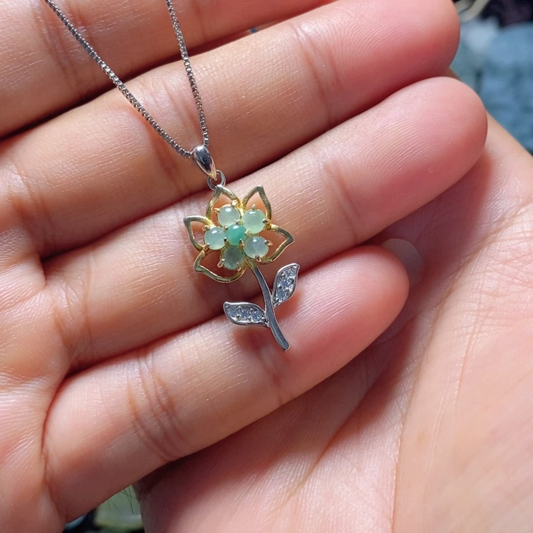 颈饰银S925镶嵌翡翠天然缅甸翡翠A货花儿吊坠