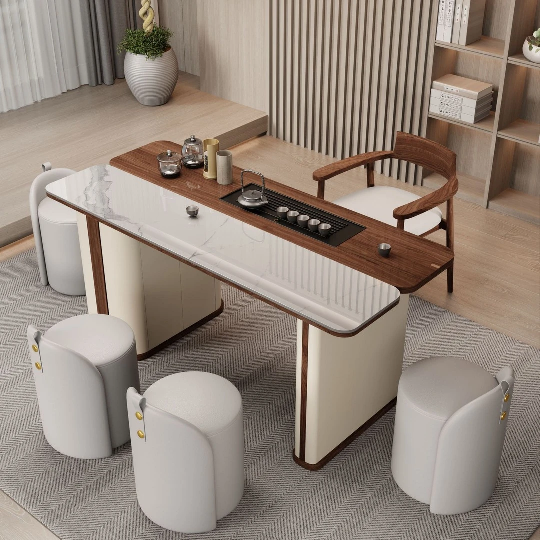 现代耐用中式白蜡木岩板茶桌家用客厅书房简约高端泡茶台设计实木