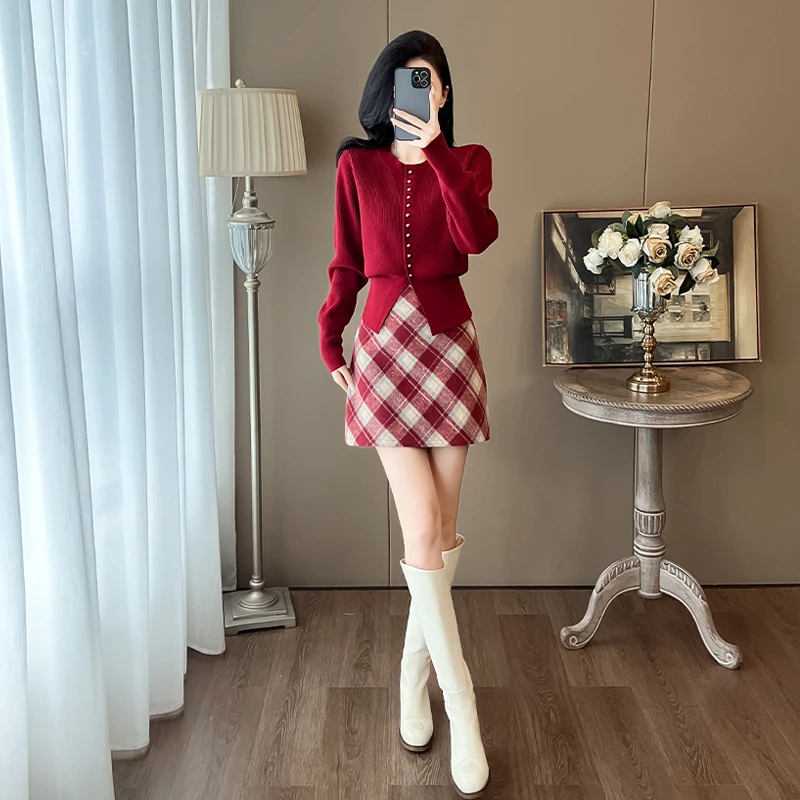 红色小香风套装女秋冬套装裙显瘦两件套过年战袍女装一整套高级感