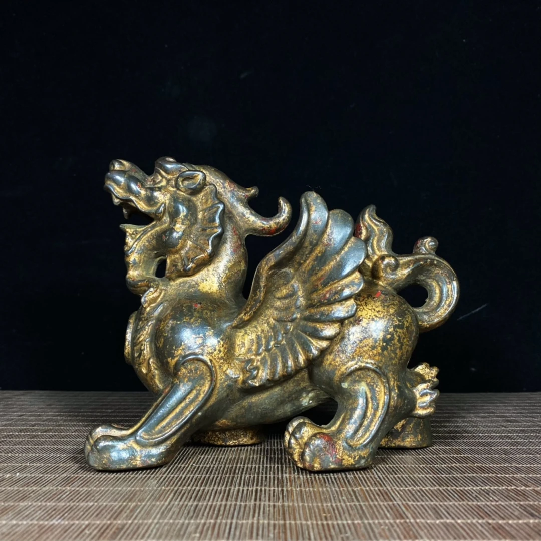 民间老物古玩杂项收藏老包浆老铜胎泥金飞天独角招财进宝貔貅