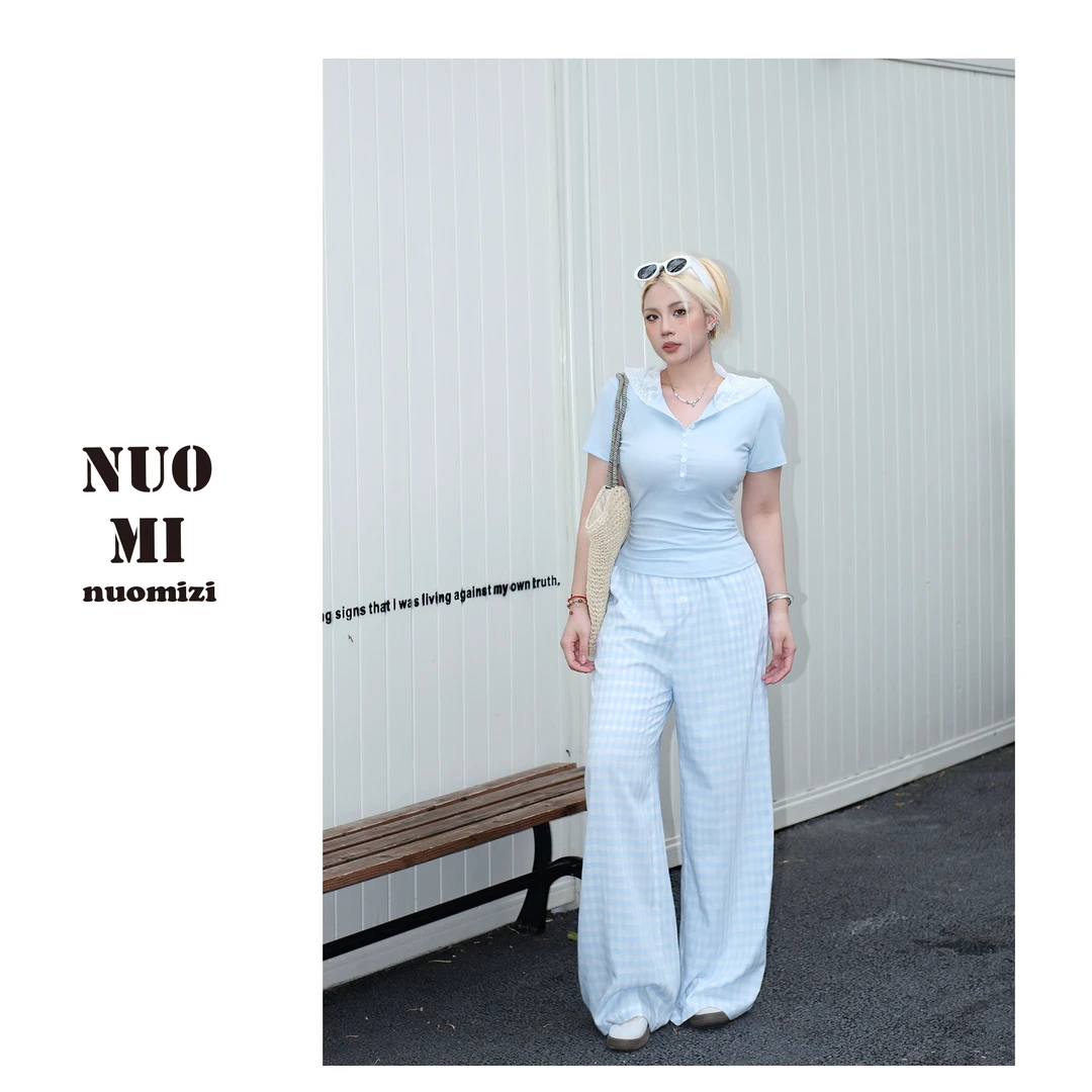 ZOZ糯米子[朝气裤]显瘦遮肉阔腿裤时髦高腰直筒裤女休闲格纹裤子