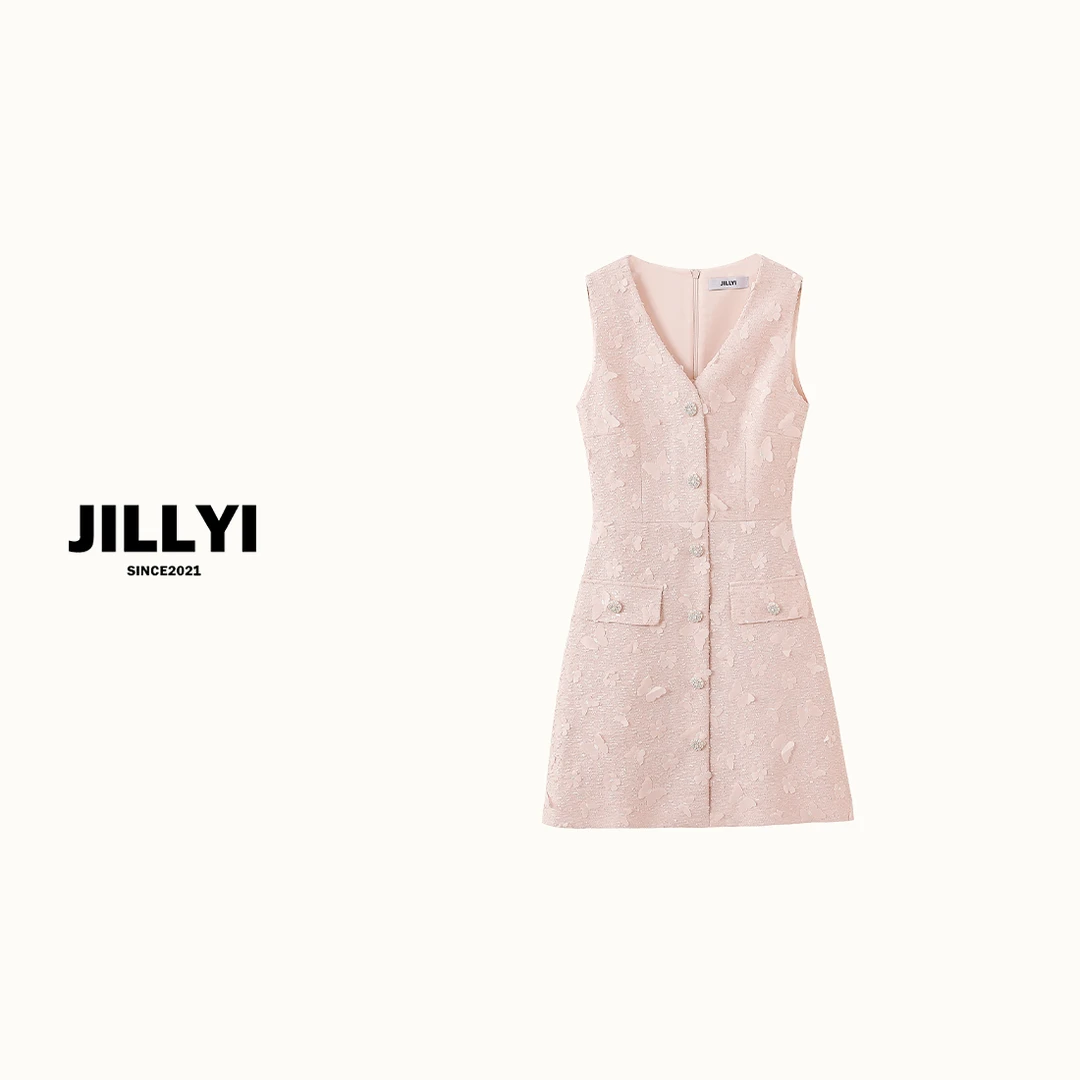 JILLYI珠海店【粉色蝶梦】粉色V领手缝满满蝴蝶结装饰细节轻奢连衣