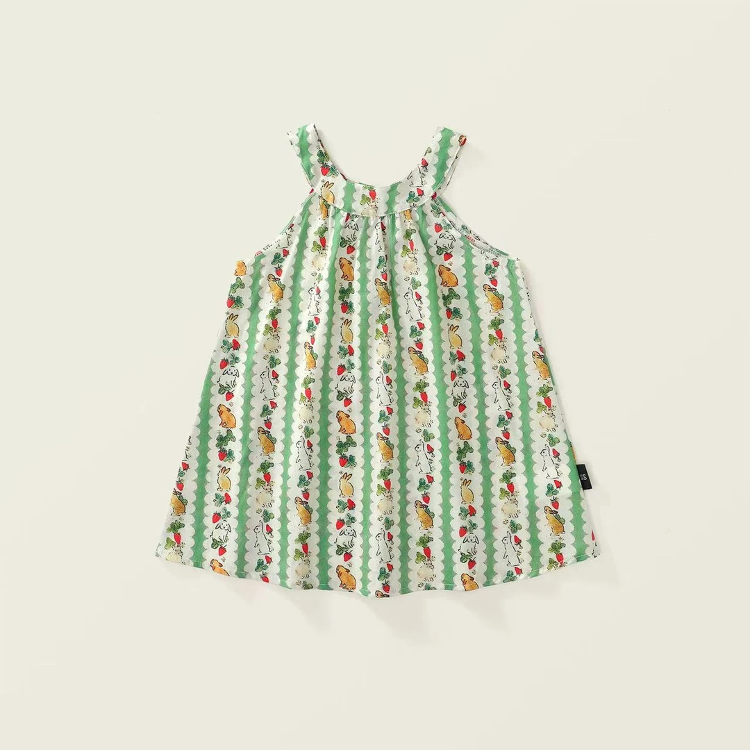 女童夏季洋气锁骨领草莓小兔印花无袖连衣裙4877