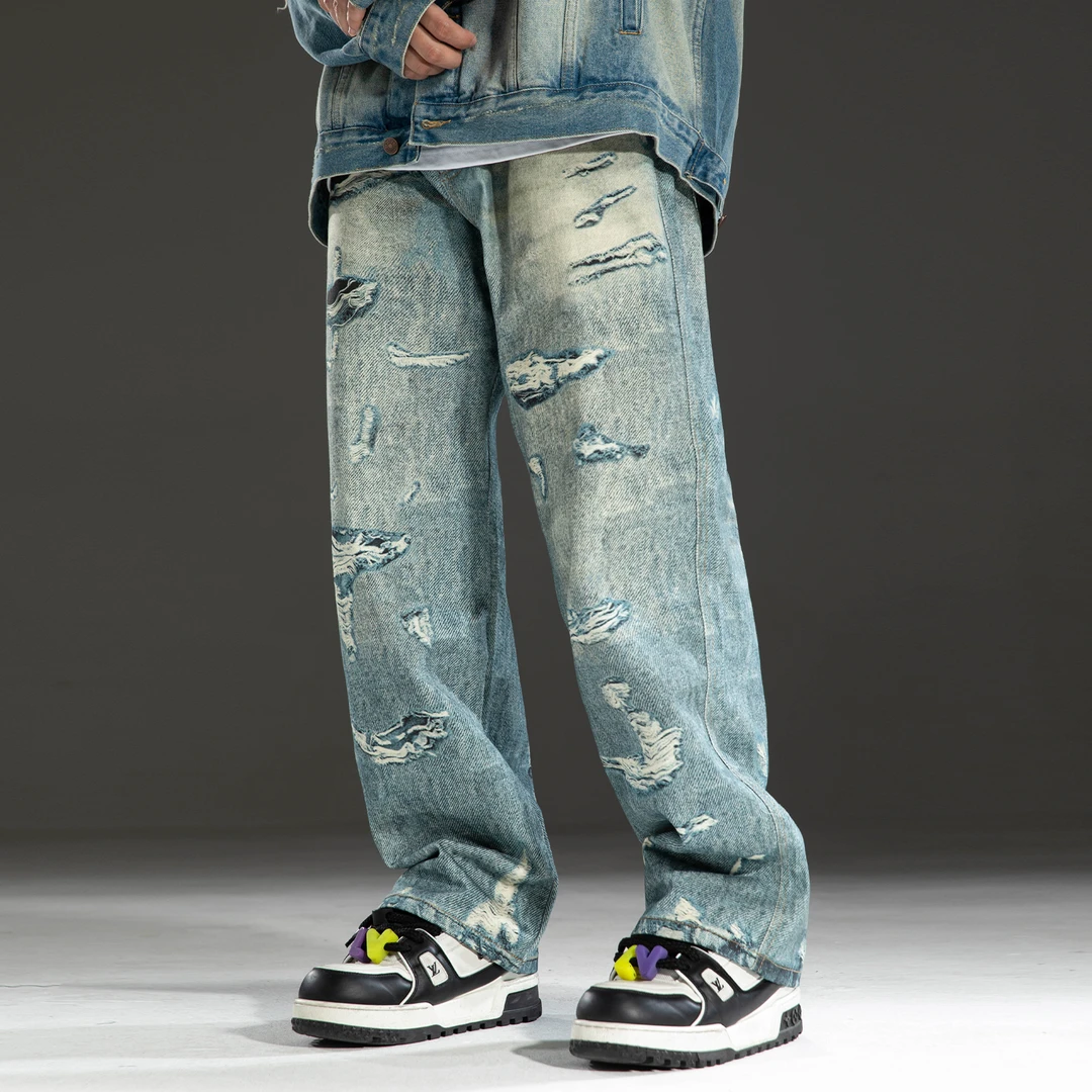 【3D打印】美式潮流做旧印花牛仔长裤男休闲直筒裤子潮4024