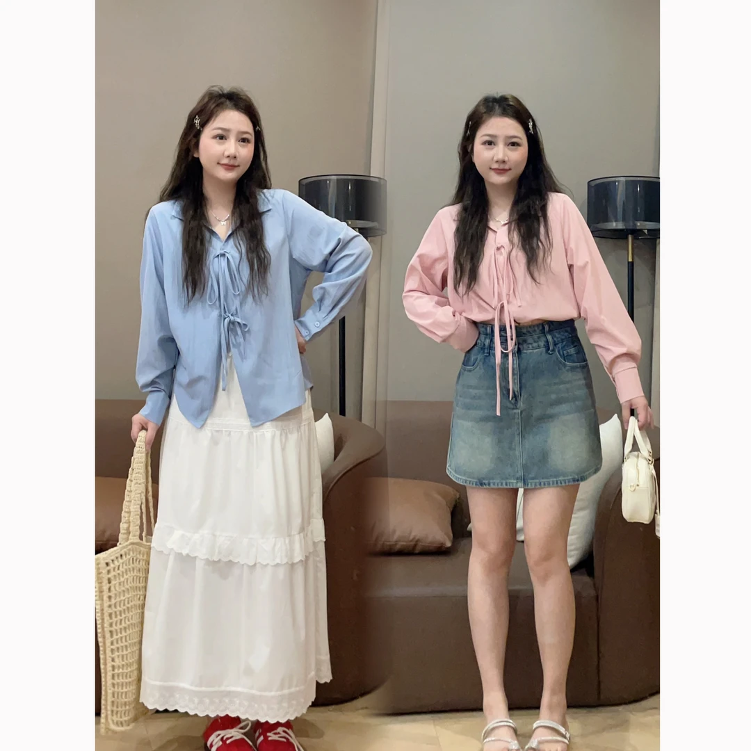 【清清价】【现货】百搭纯色休闲绑带长袖衬衫春夏微胖显瘦P225X03448