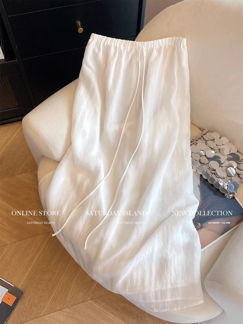 韩系设计感抽绳系带松紧腰半身裙女2025夏新款轻薄透气显瘦直筒裙