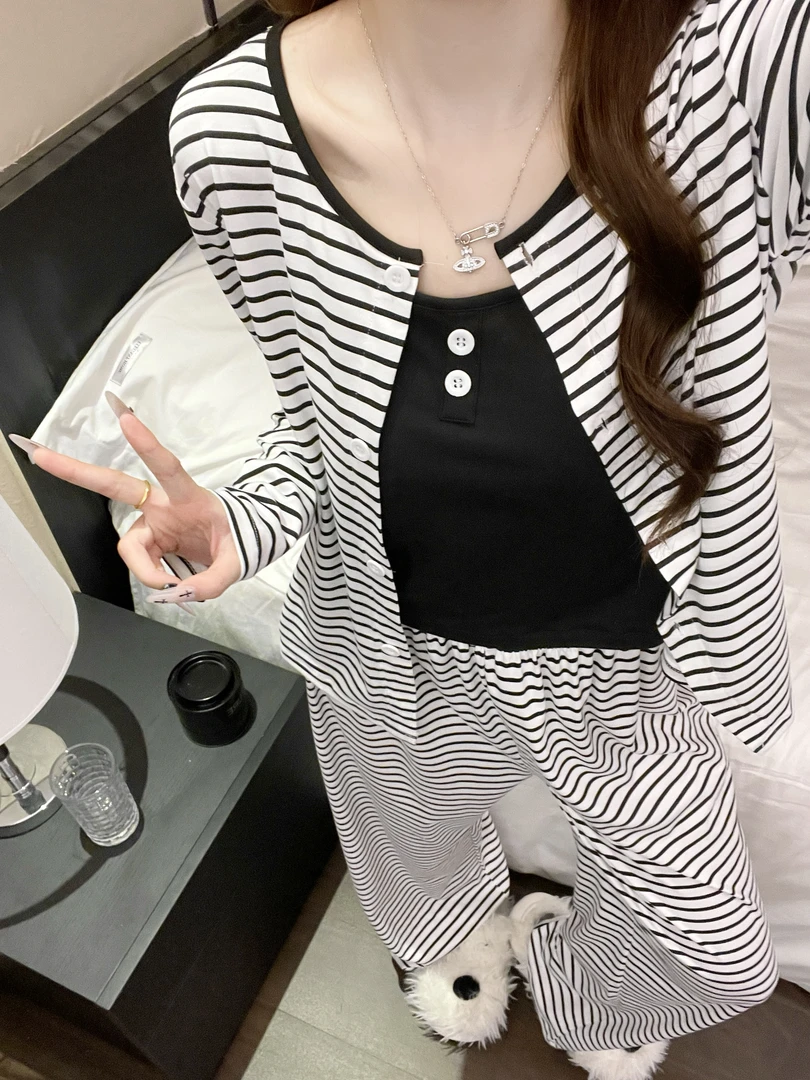 韩系慵懒风简约三件套睡衣女春秋冬季长袖开衫吊带条纹家居服套装